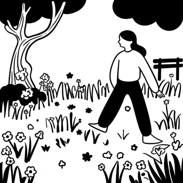 A girl with long hair is walking through an overgrown park, surrounded by tall grass and wildflowers. The wildflowers are blooming in various shapes and sizes, creating a dense carpet beneath her feet. In the background, there are remnants of old park benches partially hidden by the greenery. A large, twisted tree stands to one side, its branches stretching out over the pathway. The scene conveys a sense of discovery, with patches of sunlight filtering through the foliage above.