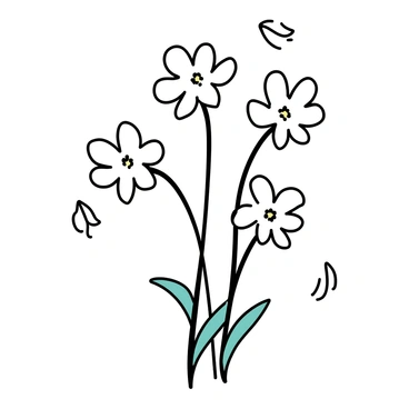 A cluster of white mayflowers with delicate petals, their slender green stems gently swaying. The mayflowers are surrounded by a few green leaves, all set against a light background that suggests a gentle breeze. Some petals are slightly lifted, emphasizing the movement of the flowers.