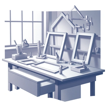 A workbench is situated in a frame-making workshop, scattered with various tools essential for crafting frames. On the bench, there are unfinished wooden frames in different sizes and shapes, some in the process of being assembled. The background features shelves lined with additional tools, including saws, clamps, and measuring devices, creating an organized yet busy atmosphere. Natural light pours in from a nearby window, illuminating the workspace and highlighting the textures of the wood and the metal of the tools.
