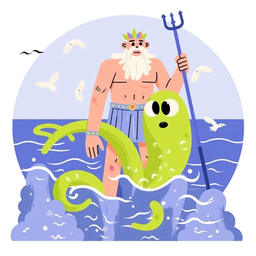 Poseidon, the Greek god of the sea, is depicted standing on a rocky ocean shore. He has a long, flowing beard and wears a crown made of seashells and coral. In his right hand, he holds a trident, which glows with a blue light. Below him, a large, fearsome sea creature resembling a kraken emerges from the waves, its tentacles curling around Poseidon's legs. The creature has shimmering scales in shades of green and blue, with large, expressive eyes. The sea is turbulent, with crashing waves surrounding them, and seagulls fly overhead. A stormy sky looms in the background, adding dramatic contrast to the scene.