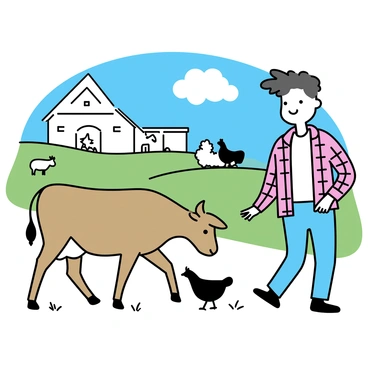 A man with a relaxed posture, wearing a plaid shirt and denim jeans, is walking through a farm. He is smiling as he bends down to pet a brown cow standing beside him. Nearby, a few chickens are pecking at the ground, and a sheep grazes in the background. The landscape features a clear blue sky and rolling green hills, with a rustic wooden barn visible in the distance. The overall scene captures a peaceful rural atmosphere.