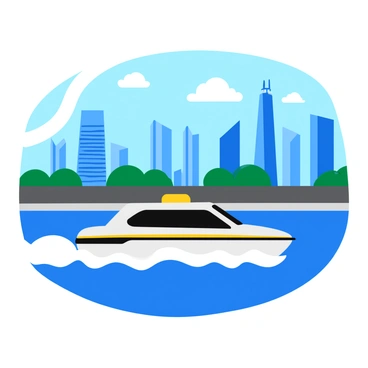 A sleek modern water taxi with a streamlined design is speeding across a vibrant blue city river. The taxi features large tinted windows and a colorful stripe along its side. In the background, tall skyscrapers of various shapes and sizes rise against a clear sky, reflecting sunlight on their glass surfaces. The river has gentle waves created by the movement of the water taxi, and there are a few scattered clouds adding depth to the scene.