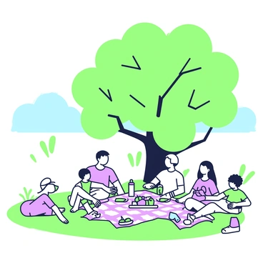A family is enjoying a picnic under a large gumtree in the Australian outback. The tree has a thick trunk and sprawling branches, providing ample shade. A checkered picnic blanket is spread out on the grass, adorned with various foods such as sandwiches, fruits, and a thermos. The family consists of four members: a father sitting on the blanket, a mother pouring juice into cups, and two children playing nearby with a frisbee. In the background, there are sparse shrubs and a clear blue sky, creating a warm atmosphere.