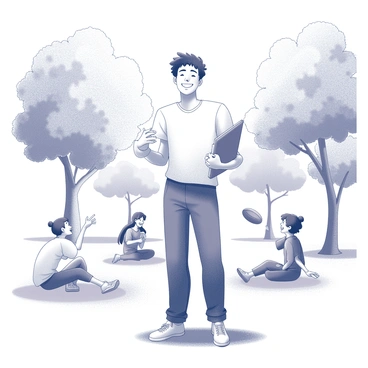 A character stands in a vibrant park setting, surrounded by friends. The character is holding a syllabus with both hands, displaying a wide grin. The friends are engaged in playful activities, with one friend laughing while tossing a frisbee, another sitting on the grass and sipping from a drink, and a third friend jumping up in excitement. Trees with detailed leaves and a clear sky fill the background, creating a lively atmosphere. The character's outfit is casual, complementing the joyful scene.