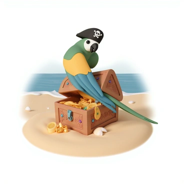 A colorful parrot with bright green, blue, and yellow feathers is perched on an elaborately detailed treasure chest. The treasure chest is wooden, with intricate carvings and a slightly ajar lid revealing sparkling gold coins and jewels inside. The parrot is wearing a black pirate hat adorned with a skull and crossbones, tilting its head slightly to the side. The sandy beach below features soft, golden sand with some scattered seashells and gentle waves lapping at the shore in the background, creating a vibrant coastal scene.