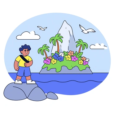 A hero standing on a rocky shoreline, looking towards a distant island shrouded in mist. The island is covered in vibrant, exotic flora, featuring tall, lush trees with broad leaves. Colorful flowers with unique shapes bloom throughout the landscape. In the foreground, the waves gently lap at the shore, and seagulls can be seen flying overhead. The sky is clear with a few fluffy clouds, casting soft shadows on the island’s surface. The hero is depicted wearing a simple adventurer's outfit, with a look of curiosity and determination on their face.