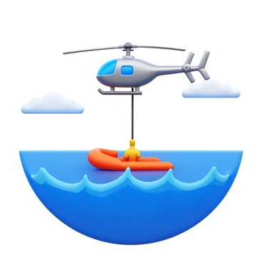 A helicopter hovering above a life raft in the middle of the ocean. The life raft is bright orange, contrasting with the deep blue color of the water. A rescuer is being lifted from the raft by a long rope anchored to the helicopter. The helicopter has a sleek design with a reflective metal surface, and its rotor blades are spinning rapidly. Around the helicopter, waves are gently splashing, indicating the movement of the ocean. The sky is clear with a few fluffy white clouds.