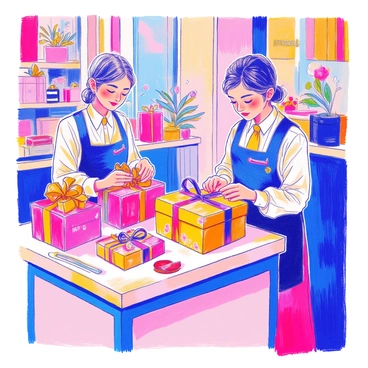 A store interior at Harrods features staff members expertly wrapping presents. One staff member is wrapping a large box in elegant, stylish paper adorned with intricate patterns. Another staff member is tying a beautiful ribbon around a smaller package. The wrapping station is surrounded by various rolls of colorful wrapping paper, ribbons, and gift tags. Soft lighting highlights the meticulous work being done as customers watch the personalized service.