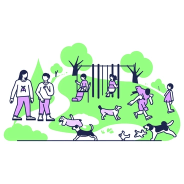 A city park scene is depicted with a variety of activities. On the left side, a group of people is walking along a winding path, some engaged in conversation. In the center, children are playing on a playground, featuring swings and slides. A few children are climbing on a jungle gym, while others are playing tag around them. On the right side, several dogs are running around, some being chased by their owners. Green trees and bushes frame the scene, adding a lively atmosphere to the park. A small pond is visible in the background, where a couple of ducks can be seen swimming.