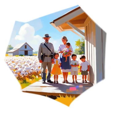 A Southern family gathered on their plantation during the Civil War, standing on a wooden porch that overlooks vast fields. The family consists of a father in a worn gray uniform, a mother wearing a simple dress with a dark apron, and three children, two boys and a girl, dressed in period-appropriate attire. The father has a stern expression, while the mother holds the youngest child close. The boys are playing with a wooden toy, and the girl is holding a bouquet of wildflowers. The background features a sprawling expanse of cotton fields, a few scattered trees, and an old wooden barn, all under a bright blue sky.