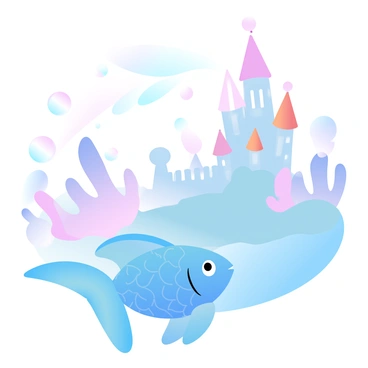 A small fish with vibrant scales is swimming in a clear blue sea. The fish has large fins that flutter gracefully as it glides through the water. Above the fish, there are colorful bubbles rising towards the surface. In the background, a magnificent coral castle rises, adorned with various coral structures in shades of pink, purple, and orange. The water is filled with soft beams of light filtering down from the surface, casting a magical glow over the scene. The fish appears to be gazing at the coral castle with wonder and curiosity.