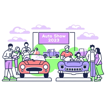 An open-air auto show is set under a clear sky filled with a few scattered clouds. In the foreground, a sleek red sports car is prominently displayed on a raised platform, its polished surface reflecting the sunlight. Next to it, a classic blue convertible showcases vintage charm, with its chrome accents gleaming. Visitors, a diverse group of men and women of different ages, are engaging with the cars; some are taking photos, while others are conversing enthusiastically. A large banner with the words "Auto Show 2023" is hanging overhead, fluttering slightly in the breeze. Various other cars, including an electric vehicle and a rugged SUV, are arranged in neat rows behind the two highlighted vehicles, drawing the attention of more attendees.