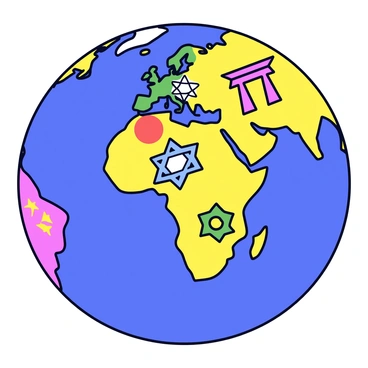A globe with various cultural symbols and icons intricately merged onto its surface. The globe features bright colors representing different regions. Each continent is adorned with distinct symbols, such as a red torii gate for Japan, a green four-leaf clover for Ireland, and a blue Star of David for Israel. The symbols are evenly spaced and overlap slightly, emphasizing the unity of diverse cultures. The oceans are depicted in a deep blue, providing contrast to the vibrant cultural icons. The globe is set against a plain white background.