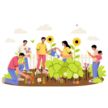 A group of five people tending to a community garden filled with an array of colorful flowers and vegetables. In the foreground, one person is kneeling down, planting bright red tomatoes in brown soil, while another is watering green leafy plants with a blue watering can. To the left, a woman is pruning vibrant yellow sunflowers that tower above her. On the right side, a child is picking bright orange carrots from the ground. The garden is surrounded by a white picket fence and there are butterflies fluttering around the colorful flowers, including purples, pinks, and whites. The sky is clear with a few fluffy clouds scattered.