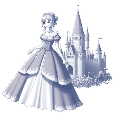 A girl wearing an elaborate royal lolita gown stands proudly. The gown features intricate lace details, ruffles, and a fitted bodice that cascades into a voluminous skirt. Her hair is styled in an elegant updo, adorned with delicate accessories. In the background, a majestic castle looms, complete with tall spires and grand arches. The castle's architecture is detailed, showcasing ornate carvings and large windows. Surrounding the castle, there are whimsical elements such as flowers and fantastical creatures that enhance the fairytale atmosphere. The scene is set in a lush garden, adding to the enchanting ambiance.