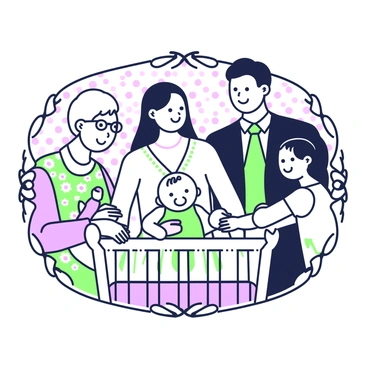 A family portrait featuring a vintage baby in the center, resting in a decorative cradle. The baby has soft hair and a gentle expression. Surrounding the baby are happy relatives, including a smiling mother with long hair, wearing a light-colored dress, and a father with a neatly groomed beard, dressed in a dark suit. To the left, a grandmother with glasses and a floral blouse leans in with a warm smile. To the right, a cheerful sibling is holding a toy and looking affectionately at the baby. The background includes a softly patterned wallpaper and an ornate frame encasing the family scene.