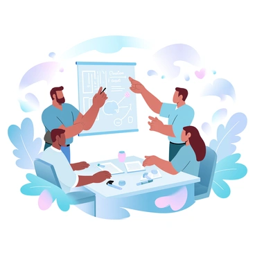 A group of four people is collaborating on a project in a bright and modern office space. Two individuals are standing next to a large whiteboard filled with colorful diagrams and notes. One person is writing ideas on the whiteboard while the other is pointing at a specific section. The remaining two team members are seated at a table, reviewing documents and discussing among themselves. Various office supplies, like markers and sticky notes, are scattered around, and plants are placed throughout the room, adding a touch of greenery.