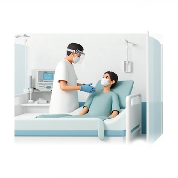 A nurse, wearing a full set of safety gear including a face shield, gloves, a gown, and a mask, is attending to a patient in an isolation room. The nurse is standing beside a hospital bed, checking the patient's vital signs using a digital monitor. The patient, who is lying in bed, is wearing a hospital gown and looking up at the nurse. The isolation room is equipped with medical equipment and has clear plastic barriers to maintain safety protocols. The walls are painted a light color, creating a clean and sterile environment.