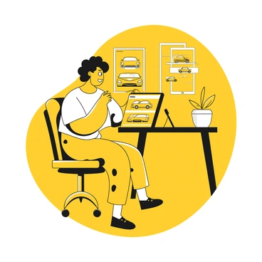 A person sitting at a desk, holding a tablet in their hands. The screen of the tablet displays a car sales website with images of cars. The individual is focused on the tablet, wearing casual clothing. In the background, there are car brochures and a small plant on the desk. There is a subtle sense of the room being well-lit, creating an inviting atmosphere for online shopping.