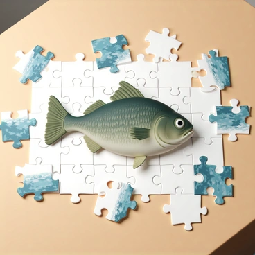 A jigsaw puzzle spread out on a wooden table, showcasing a detailed illustration of a cod fish. The cod, with its mottled greenish-brown skin, is positioned at the center of the image. Its prominent whisker-like barbels and large eyes make it striking. Surrounding the fish are various jigsaw pieces, some reflecting different sections of the illustration, including shimmering scales and fin details. The puzzle pieces are scattered in a way that suggests the challenge of assembling the intricate design. Soft natural light illuminates the scene, enhancing the textures and colors of both the cod and the puzzle pieces.
