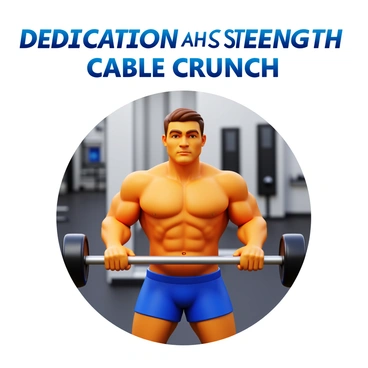 A motivational poster featuring a person performing a cable crunch exercise. The individual is depicted with a focused expression, highlighting their determination. The character is muscular and fit, showcasing well-defined abs. They are gripping a cable machine, pulling the cable towards themselves as they engage their core. The background is a gym setting with exercise equipment visible, emphasizing the fitness environment. The text "Dedication and Strength" is prominently displayed at the top of the poster in bold letters.