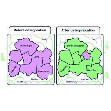 A vintage map is displayed prominently. The map delineates various school districts using distinct outlines. On the left side, the "before desegregation" section showcases the school districts marked in one pattern, with clear boundaries and labels for each district. The right section illustrates the "after desegregation" changes, featuring a different pattern of school district boundaries, highlighting the modifications made. Each district is annotated with names that reflect historical context. The overall design is intricate, with geographic features such as rivers and roads subtly integrated into the background, enhancing the map's vintage feel.