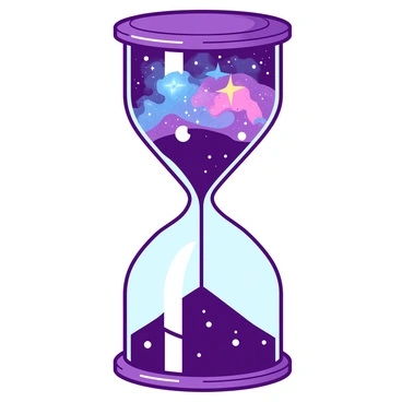 An hourglass with a sleek glass exterior is positioned upright. Inside the hourglass, "stars" and "galaxies" of various sizes are swirling gracefully through the center. The upper chamber contains a vibrant cluster of "colorful galaxies" while the lower chamber is filled with shimmering "twinkling stars." The sand at the narrow neck of the hourglass is fine and dust-like, allowing the cosmic elements to pass through with ease. The entire hourglass is illuminated, enhancing the visual impact of the flowing celestial bodies.