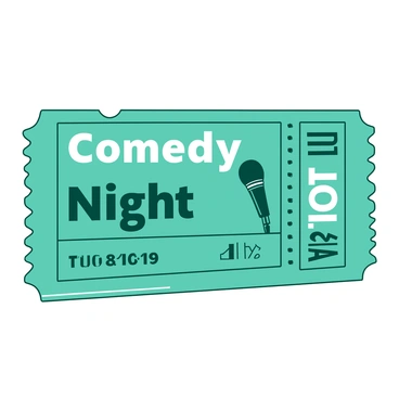 A teal comedy show ticket featuring a large, bold "Comedy Night" text at the top. Below the text, there is an illustration of a black microphone positioned prominently in the center. To the right of the microphone, there is a smiling face with exaggerated features, such as big eyes and an oversized grin. The ticket has a decorative border in white, enhancing its cheerful appearance, and a small calendar icon in the bottom corner indicates the date of the show.