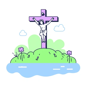 A depiction of "Jesus on the cross" is centered in the image, with detailed elements of the crucifixion visible. The cross stands tall against a backdrop of gentle nature, featuring soft greenery and subtle highlights. Below the cross, there is a tranquil pool of water that reflects the scene above, creating a mirror effect. The surface of the water is smooth, contributing to the calm atmosphere, with no visible disturbances. The surrounding landscape includes grass and a few flowers, enhancing the serene environment.