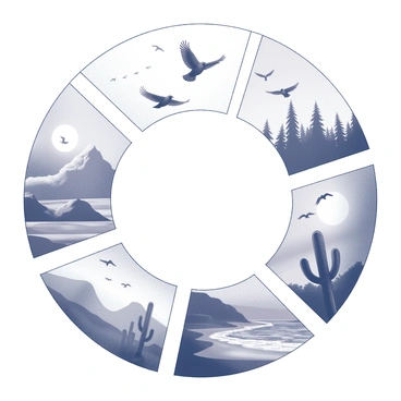 A circular composition depicting a progression of migrating birds through various climates. At the top, a group of birds soars over a snowy landscape, with snow-covered trees and a pale sky. Moving clockwise, the scene transitions to a lush green forest where another flock of birds flits among the trees. Further along, the environment changes to a vibrant desert with cacti and dunes, under a blazing sun. Continuing the circle, the illustration features a coastal scene with birds flying over gentle waves and sandy shores. Each section of the circle captures the distinct characteristics of the respective climate, showcasing the adaptability and resilience of the birds in their journey.