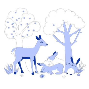 A family of animals is gathered in a natural setting. A mother deer is standing protectively beside her fawn, who is playfully nibbling on some grass. Nearby, a pair of rabbits are resting close to each other, their ears perked up as they observe their surroundings. In the background, there are leafy trees providing shade, with intricate patterns formed by the branches. The ground is dotted with various plants and wildflowers, adding detail to the scene. The atmosphere conveys a sense of harmony and connection among the animals.