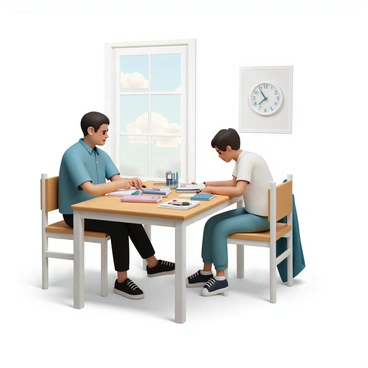 A tutor, wearing a blue button-up shirt and black trousers, is sitting at a wooden table covered with books and stationery. Across from them is a student, wearing a white t-shirt and jeans, looking attentively at a notebook. The tutor is pointing at a textbook with a pen, while the student takes notes with a focused expression. The room has a soft light filtering through a window, illuminating the study materials scattered across the table. A clock on the wall shows that it is late afternoon.