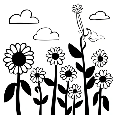 A sky filled with oversized sunflowers with broad, detailed petals, each flower reaching towards the light. The sunflowers are scattered throughout the composition, creating a dynamic pattern against the background. The flowers are depicted with thick, textured stems that rise from below, emphasizing their height. The sunlight creates a sense of bright illumination across the scene, highlighting the intricate details of the sunflowers’ structures.