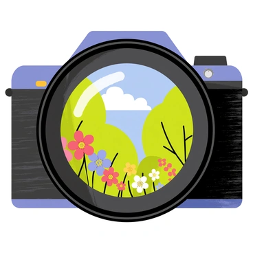 A close-up view of a film camera's lens with a shiny surface capturing a vibrant outdoor scene. The lens reflects bright green trees swaying gently in the wind. Colorful flowers in shades of red, yellow, and blue bloom in the foreground. A clear blue sky with fluffy white clouds is visible within the lens reflection. The camera body is textured black, with visible dials and buttons, emphasizing the details of its design.