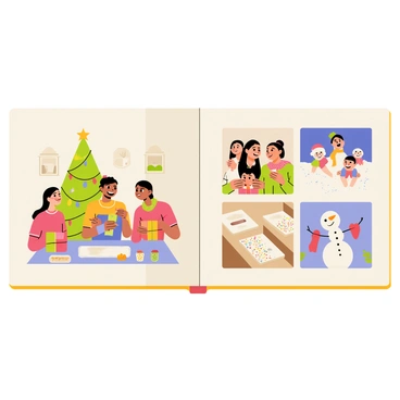 An album featuring a collection of images depicting cheerful holiday festivities. One image shows a family gathered around a decorated Christmas tree, with colorful ornaments and twinkling lights, as they exchange gifts. Another image captures friends laughing together while making cookies in a cozy kitchen, with flour dusting the countertop and baking sheets filled with colorful sprinkles. A third image displays a group of people outside in the snow, building a snowman with a carrot nose and scarves. Each photo reflects the joy and togetherness of the holiday season, showcasing smiles and moments of celebration.