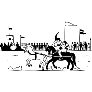 A chariot pulled by two strong horses moves across a vast battlefield. Lord Krishna is depicted as a figure standing confidently in the front of the chariot, holding the reins. Next to him, Arjuna is seated in the chariot, holding a bow and arrow, ready for battle. The background features tall banners and a chaotic scene of warriors preparing for combat. The ground is marked with dust and the outlines of other chariots and soldiers can be seen in the distance.