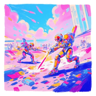 A futuristic battlefield is depicted with robotic warriors engaged in intense combat. The robots have sleek metallic bodies and various weaponry, showcasing advanced technology. The ground is scattered with debris from their clashes, and holographic displays flicker in the background. Above them, a digital sky is filled with vibrant colors and abstract patterns, creating a striking contrast to the grim battlefield below. The scene is charged with energy as these mechanical fighters assert their dominance.