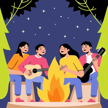 A group of three friends sitting around a glowing orange campfire. The friends are smiling and singing, with one holding a guitar. The campfire casts warm light on their faces, highlighting their joyful expressions. In the background, a dark blue sky is filled with twinkling white stars, adding to the peaceful atmosphere of the scene. Green trees are silhouetted against the night sky, framing the group and the campfire.