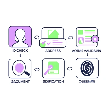 A structured arrangement of icons representing various KYC verification steps. The first icon depicts an identification card with a border, illustrating the "ID check" step. Next to it, there is an icon featuring a house and a checkmark, symbolizing the "address validation" step. Below these, there is an icon portraying a magnifying glass over a document, representing "document verification." Adjacent to this, an icon of a fingerprint signifies "biometric verification." Each icon has a distinct design, maintaining clarity and coherence in their arrangement.