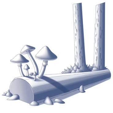 A cluster of mushrooms in various shapes and sizes is sprouting from a fallen tree trunk. The mushrooms have distinct caps and stems, with some appearing larger and others smaller. The texture of the tree trunk is rough and weathered, showing signs of decay. The ground around the trunk is covered in lush moss and scattered leaves. Tall trees with intricate bark patterns rise in the background, their trunks stretching upward. Thin shafts of light filter through the tree canopy, highlighting the mushrooms and creating gentle shadows around them.