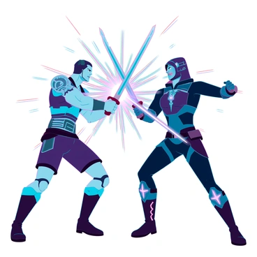 Two highly detailed action figures engaged in an intense battle, each wielding a sword. One figure is a muscular warrior with armor featuring intricate designs and a fierce expression, while the other is a sleek, agile fighter with a hood and a futuristic outfit. Their swords are locked in a clash, creating a vibrant flash of light where they meet. The background is filled with dynamic energy, emphasizing the motion and intensity of the fight, with visible sparks flying from the point of impact.