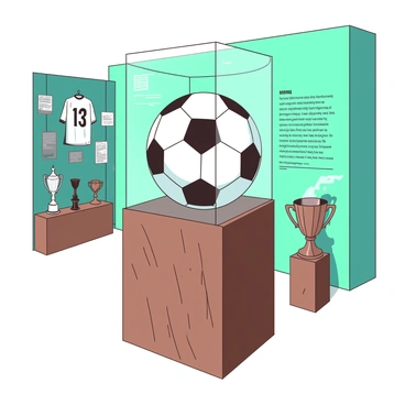 A white soccer ball with black pentagons is prominently displayed inside a clear glass case at a sports museum. The glass case is situated on a sleek wooden pedestal with a polished finish, reflecting light from above. Surrounding the case are various sports memorabilia, including jerseys and trophies, providing context to the soccer ball's significance. The background features a soft teal wall with informational plaques alongside the display, offering details about the history of the soccer ball.