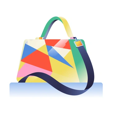 A handbag designed to resemble a cubist sculpture is positioned prominently in the image. The handbag features bold geometric patterns in various colors, including shades of blue, red, yellow, and green. Each side of the handbag has a different arrangement of shapes, creating a dynamic, three-dimensional effect. The handbag is crafted from a glossy material that reflects light, emphasizing the angles and facets of its design. A black strap is attached to the handbag, adding a contrasting element. The background is softly blurred, allowing the focus to remain on the unique features of the handbag.