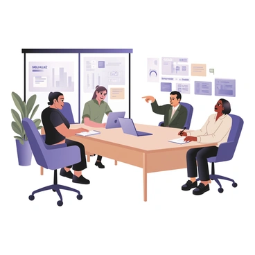 A digital flat illustration featuring a modern office setting with employees engaged in a discussion. In the center, three employees are gathered around a large conference table. One employee, a woman with dark brown hair tied back, is pointing at a laptop screen, while another, a man with light skin and short black hair, is taking notes on a notepad. A third employee, a woman with medium skin and curly hair, is listening attentively with a thoughtful expression. The background includes a large window showing a city skyline, and there are green plants in the corners of the room. On the walls, there are charts and graphs related to "Bajaj Allianz" business strategies. The atmosphere conveys collaboration and focus.
