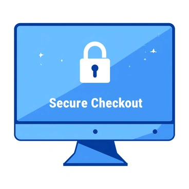 A blue computer screen displays a prominent white padlock symbol in the center. Below the padlock, there is bold text that reads "Secure Checkout" in white. The screen is surrounded by a sleek, minimalistic frame, and there are subtle reflections on the surface of the screen, enhancing its modern appearance.