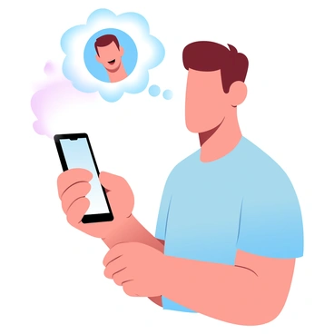 A person is looking at their smartphone, which is ringing with an incoming call. The person has short hair and is wearing a casual t-shirt. A thought bubble above their head shows an image of a friend smiling, indicating they were just thinking about them. The background features soft gradient pastel colors, enhancing the scene's lighthearted theme.