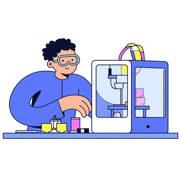 A technician with short black hair is focused on operating a 3D printer. The printer is large and has a clear glass enclosure. Inside the printer, a small object, a miniature figurine, is being printed layer by layer. The technician is wearing a blue shirt and safety goggles, with their hands on the control panel. Surrounding the printer, there are tools and spools of colorful filament neatly arranged on a workbench.