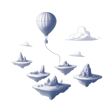 A surreal landscape featuring several floating islands of varying sizes, each with its own unique rock formations and sparse vegetation. Above them, a large gas balloon hovers gracefully, its shape bulbous and inviting. The balloon is tethered by a thin string that disappears into the clouds. Wispy clouds drift lazily around the islands, creating a dreamlike atmosphere. In the distance, faint outlines of more islands can be seen, adding depth to the scene.