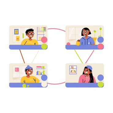 A group of four friends is represented by individual video call screens displayed in a grid layout. Each screen shows a different friend smiling and engaged in conversation. The first screen features a person with curly hair wearing glasses, surrounded by colorful posters on the wall. The second screen displays a friend with short hair, wearing a cozy hoodie, with a bookshelf in the background. The third screen shows a person with long hair, sitting in front of a window with plants, and the fourth screen features a friend with a beanie, sitting against a wall decorated with photos. Each room is uniquely styled, showcasing the personality of each friend through their surroundings. The screens are connected by colorful lines, symbolizing their virtual connection.