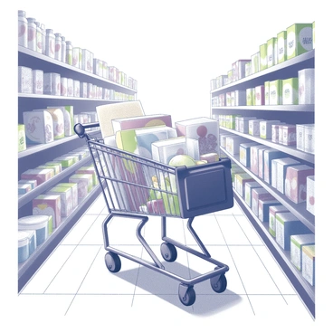 A shopping cart filled with various groceries rolls down a grocery store aisle. The cart contains a mix of items, including cereal boxes, fruit, and canned goods. The aisle is lined with shelves stocked with an array of products, featuring brightly packaged food items and household goods. The scene captures the movement of the cart, as it glides along the tiled floor, and the organized chaos of the colorful products on either side. The lighting is bright, highlighting the details of the groceries and the products on the shelves.